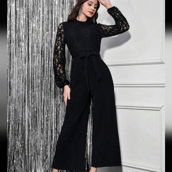 Contrast Lace Lantern Sleeve Belted Wide Leg Jumpsuit - Picture 4 of 4